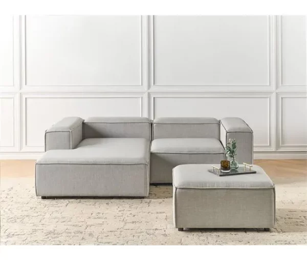Sofá de canto modular 3 lugares com repousa-pés em tecido cinzento claro à direita ARDAL