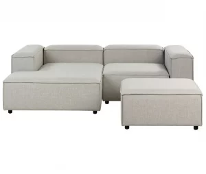 Sofá de canto modular 3 lugares com repousa-pés em tecido cinzento claro à direita ARDAL