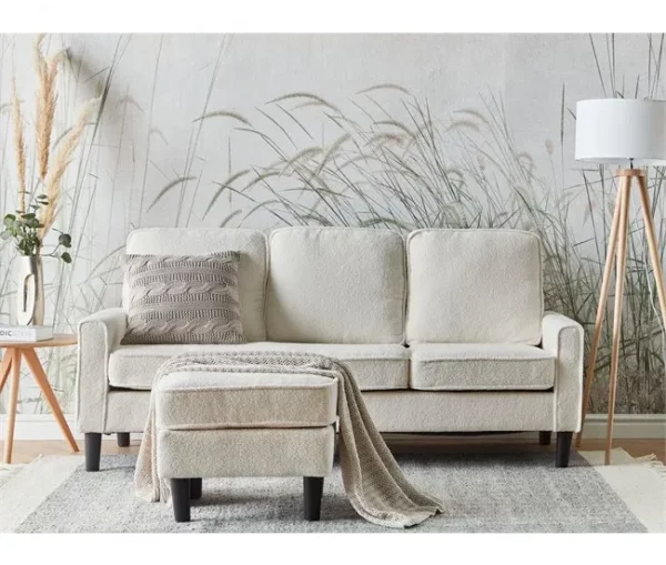 Sofá de 3 lugares com repousa-pés em bouclé branco AVESTA