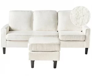 Sofá de 3 lugares com repousa-pés em bouclé branco AVESTA