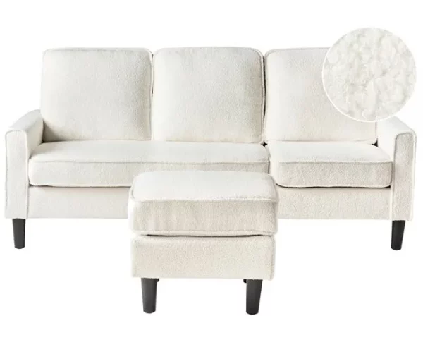 Sofá de 3 lugares com repousa-pés em bouclé branco AVESTA