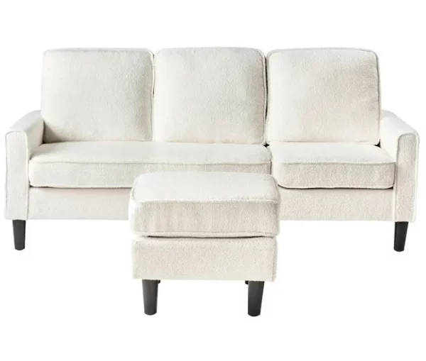 Sofá de 3 lugares com repousa-pés em bouclé branco AVESTA