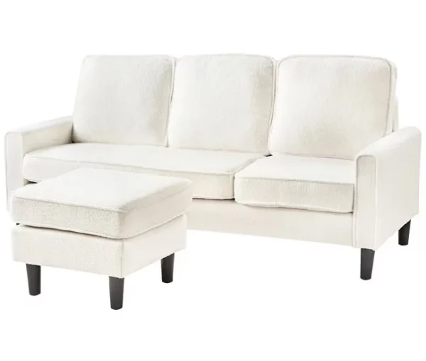 Sofá de 3 lugares com repousa-pés em bouclé branco AVESTA