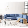 Sofá de canto modular 5 lugares em tecido azul à esquerda UNSTAD