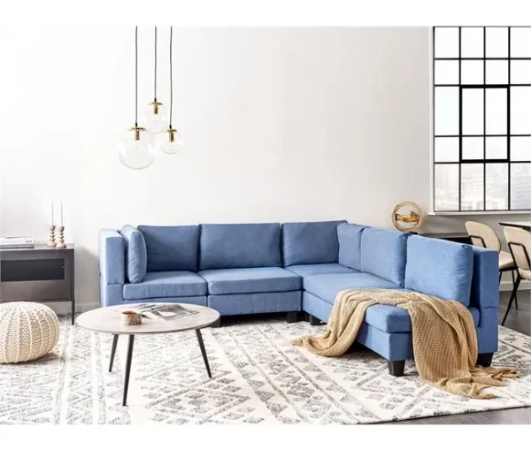 Sofá de canto modular 5 lugares em tecido azul à esquerda UNSTAD