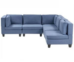 Sofá de canto modular 5 lugares em tecido azul à esquerda UNSTAD