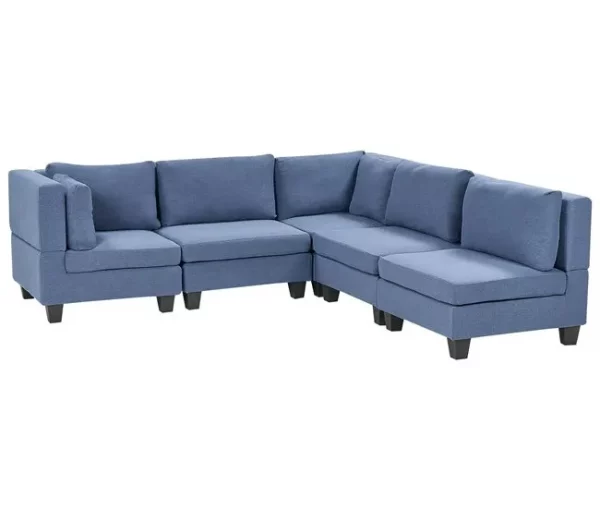 Sofá de canto modular 5 lugares em tecido azul à esquerda UNSTAD