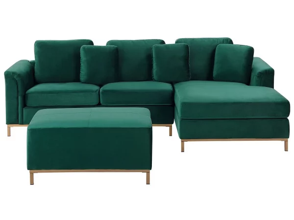 Ecksofa L OSLO Samtstoff grün mit Ottomane CH.
