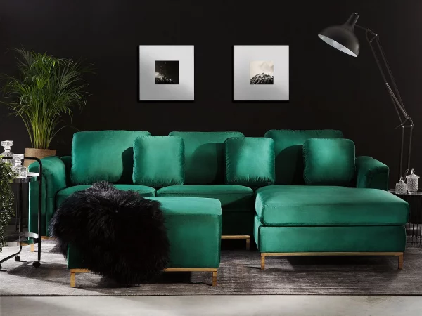 Ecksofa L OSLO Samtstoff grün mit Ottomane CH.