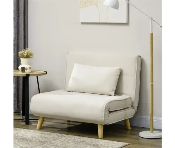 HOMCOM Poltrona 2 em 1 Sofá Cama Individual Dobrável com Encosto Ajustável e Almofada para Sala de Estar Dormitório Escritório Carga 125 kg 90x78x79 cm Bege