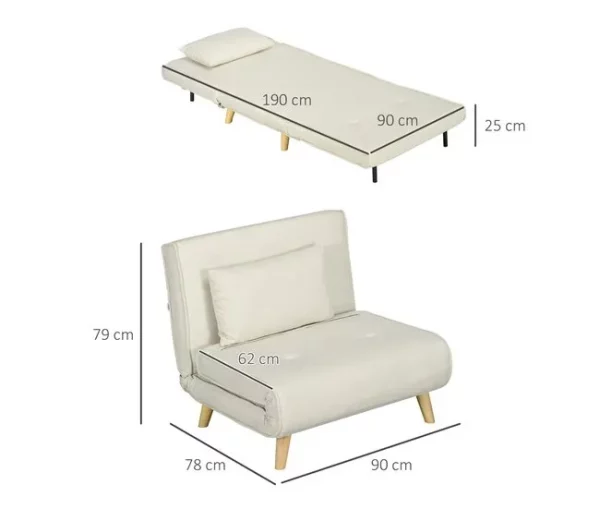 HOMCOM Poltrona 2 em 1 Sofá Cama Individual Dobrável com Encosto Ajustável e Almofada para Sala de Estar Dormitório Escritório Carga 125 kg 90x78x79 cm Bege