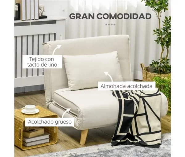 HOMCOM Poltrona 2 em 1 Sofá Cama Individual Dobrável com Encosto Ajustável e Almofada para Sala de Estar Dormitório Escritório Carga 125 kg 90x78x79 cm Bege