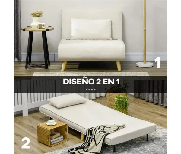 HOMCOM Poltrona 2 em 1 Sofá Cama Individual Dobrável com Encosto Ajustável e Almofada para Sala de Estar Dormitório Escritório Carga 125 kg 90x78x79 cm Bege