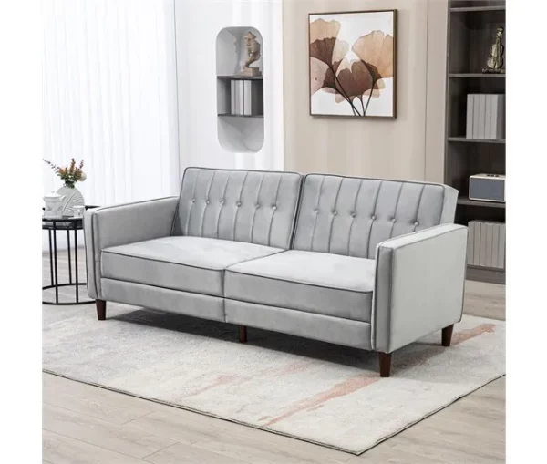 HOMCOM Sofá de 2 Lugares Convertível em Cama de Estofado Aveludado com Encosto Ajustável e Pés de Madeira para Sala de Estar Escritório 189x80,5x78,5 cm Cinza Claro