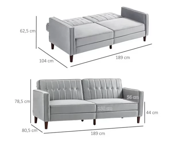 HOMCOM Sofá de 2 Lugares Convertível em Cama de Estofado Aveludado com Encosto Ajustável e Pés de Madeira para Sala de Estar Escritório 189x80,5x78,5 cm Cinza Claro