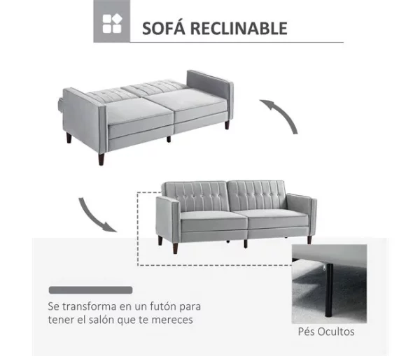 HOMCOM Sofá de 2 Lugares Convertível em Cama de Estofado Aveludado com Encosto Ajustável e Pés de Madeira para Sala de Estar Escritório 189x80,5x78,5 cm Cinza Claro