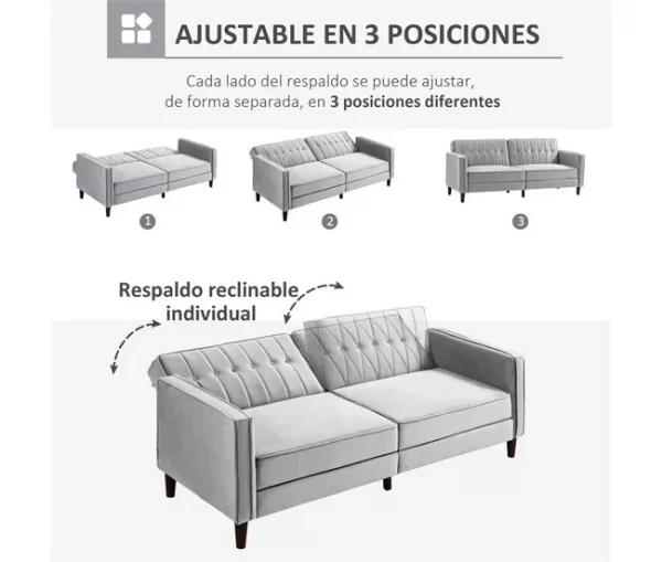 HOMCOM Sofá de 2 Lugares Convertível em Cama de Estofado Aveludado com Encosto Ajustável e Pés de Madeira para Sala de Estar Escritório 189x80,5x78,5 cm Cinza Claro