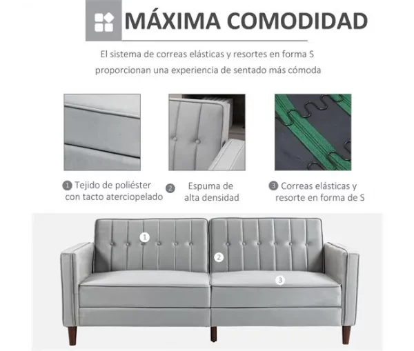 HOMCOM Sofá de 2 Lugares Convertível em Cama de Estofado Aveludado com Encosto Ajustável e Pés de Madeira para Sala de Estar Escritório 189x80,5x78,5 cm Cinza Claro