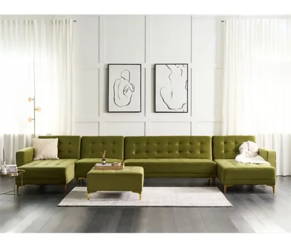 Sofá-cama XXL de 6 lugares com repousa-pés em veludo verde ABERDEEN