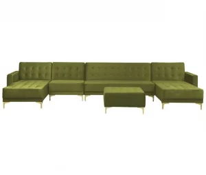Sofá-cama XXL de 6 lugares com repousa-pés em veludo verde ABERDEEN