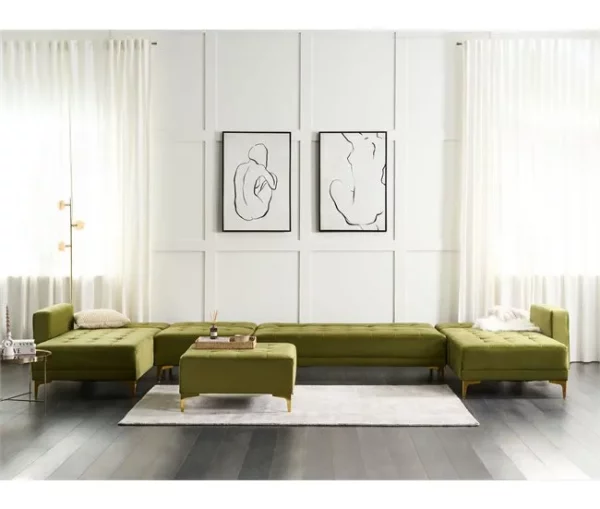 Sofá-cama XXL de 6 lugares com repousa-pés em veludo verde ABERDEEN