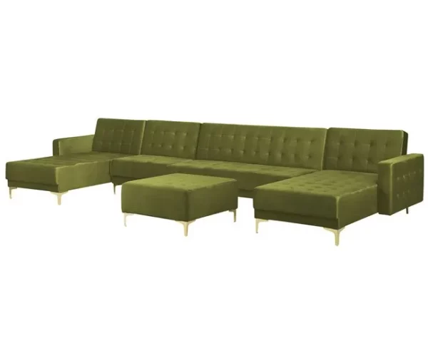 Sofá-cama XXL de 6 lugares com repousa-pés em veludo verde ABERDEEN