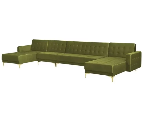 Sofá-cama XXL de 6 lugares com repousa-pés em veludo verde ABERDEEN