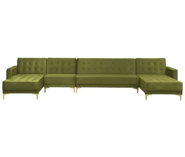 Sofá-cama XXL de 6 lugares com repousa-pés em veludo verde ABERDEEN