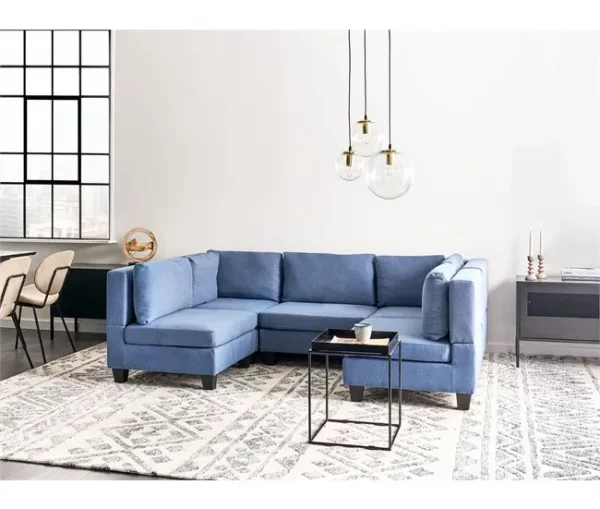 Sofá de canto modular 5 lugares em tecido azul UNSTAD