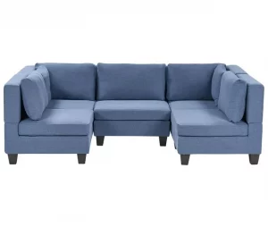 Sofá de canto modular 5 lugares em tecido azul UNSTAD