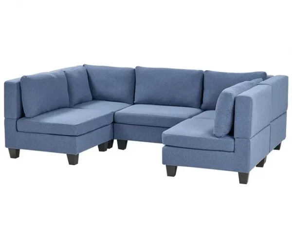 Sofá de canto modular 5 lugares em tecido azul UNSTAD
