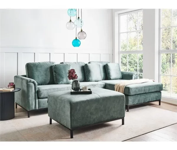 Sofá de canto 4 lugares com repousa-pés em veludo azul esverdeado à esquerda OSLO