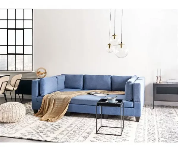 Sofá de canto modular 5 lugares com repousa-pés em tecido azul UNSTAD