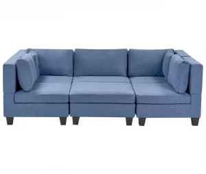 Sofá de canto modular 5 lugares com repousa-pés em tecido azul UNSTAD