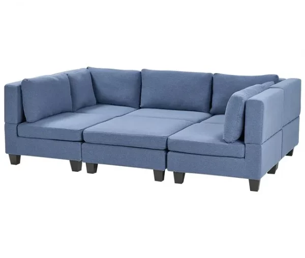 Sofá de canto modular 5 lugares com repousa-pés em tecido azul UNSTAD