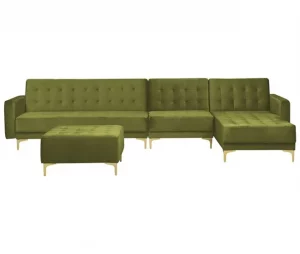 Sofá de canto 5 lugares com repousa-pés em veludo verde à esquerda ABERDEEN