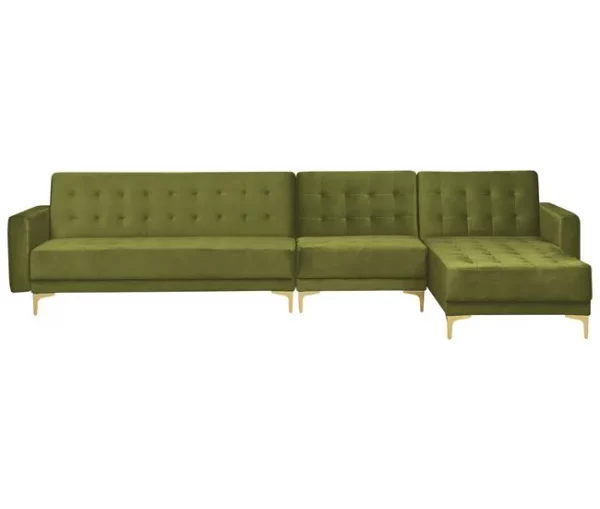 Sofá de canto 5 lugares com repousa-pés em veludo verde à esquerda ABERDEEN