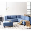 Sofá de canto modular 5 lugares com repousa-pés em tecido azul à esquerda UNSTAD