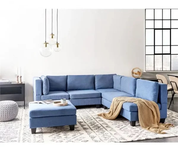 Sofá de canto modular 5 lugares com repousa-pés em tecido azul à esquerda UNSTAD