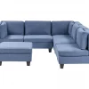 Sofá de canto modular 5 lugares com repousa-pés em tecido azul à esquerda UNSTAD