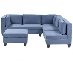 Sofá de canto modular 5 lugares com repousa-pés em tecido azul à esquerda UNSTAD