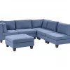 Sofá de canto modular 5 lugares com repousa-pés em tecido azul à esquerda UNSTAD