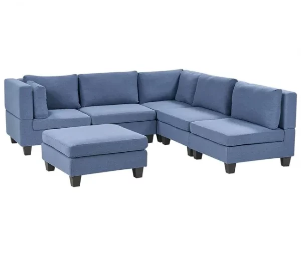 Sofá de canto modular 5 lugares com repousa-pés em tecido azul à esquerda UNSTAD