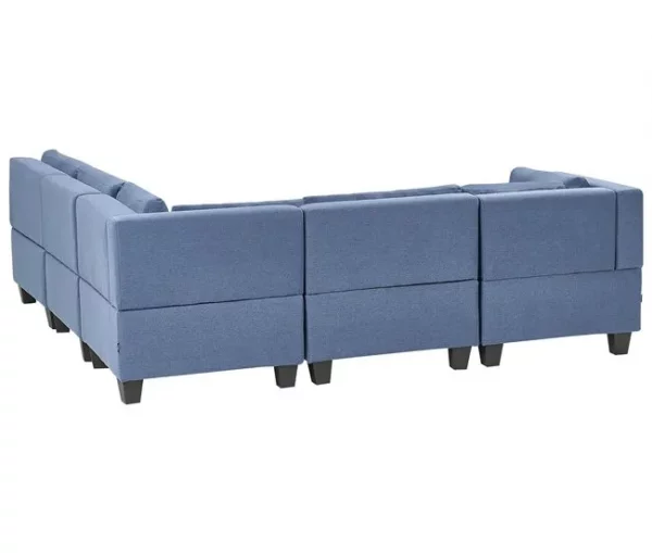 Sofá de canto modular 5 lugares com repousa-pés em tecido azul à esquerda UNSTAD