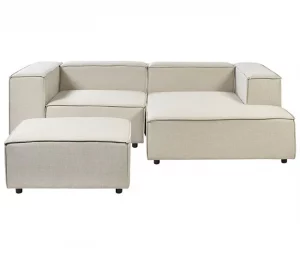 Sofá de canto 2 lugares com repousa-pés em linho creme à esquerda APRICA