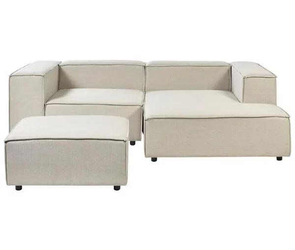 Sofá de canto 2 lugares com repousa-pés em linho creme à esquerda APRICA