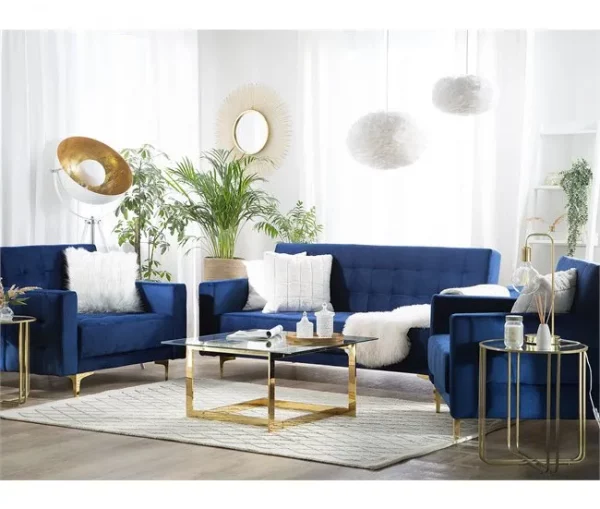 Conjunto de sofás reclináveis com 5 lugares em veludo azul marinho ABERDEEN