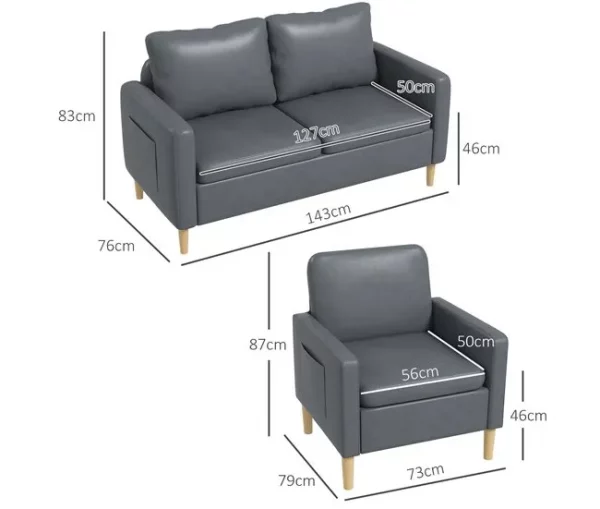 HOMCOM Conjunto de Sofá Inclui 1 Sofá de 2 Lugares e 1 Poltrona Individual com Bolsos Laterais Apoios de Braços e Pés de Madeira para Sala Quarto Escritório Cinza