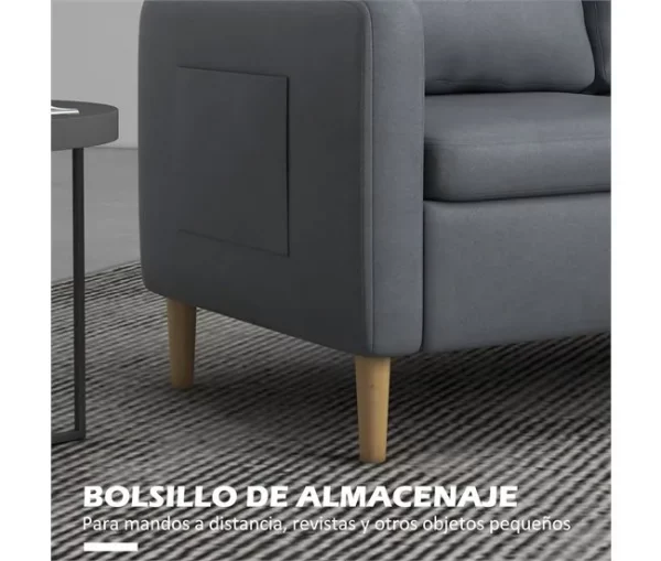 HOMCOM Conjunto de Sofá Inclui 1 Sofá de 2 Lugares e 1 Poltrona Individual com Bolsos Laterais Apoios de Braços e Pés de Madeira para Sala Quarto Escritório Cinza