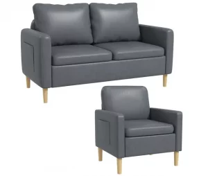 HOMCOM Conjunto de Sofá Inclui 1 Sofá de 2 Lugares e 1 Poltrona Individual com Bolsos Laterais Apoios de Braços e Pés de Madeira para Sala Quarto Escritório Cinza